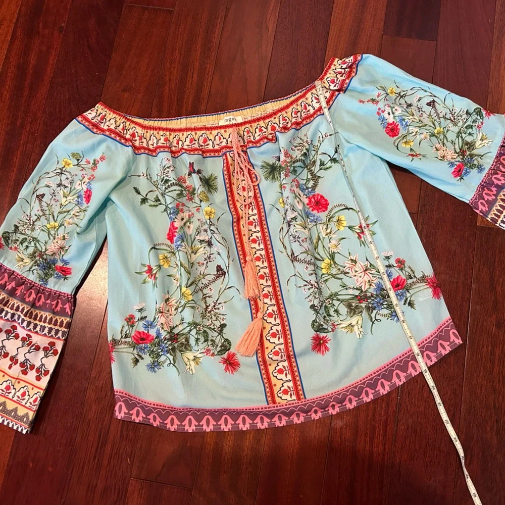 Umgee Floral Boho Blouse Off the Shoulder Small Mixed Print Womens Gypsy Top - Picture 5 of 9